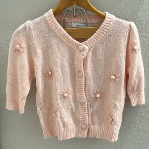 NWT Cardigan Short Sleeved Soft PowderPink soft knit flowers,front ,SzLg. Jr.